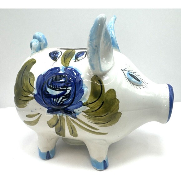 italy Other - Vintage Italian Ceramic Piggy Bank Blue Flowers PIG BANK Made In Italy 5.5 X 5.5